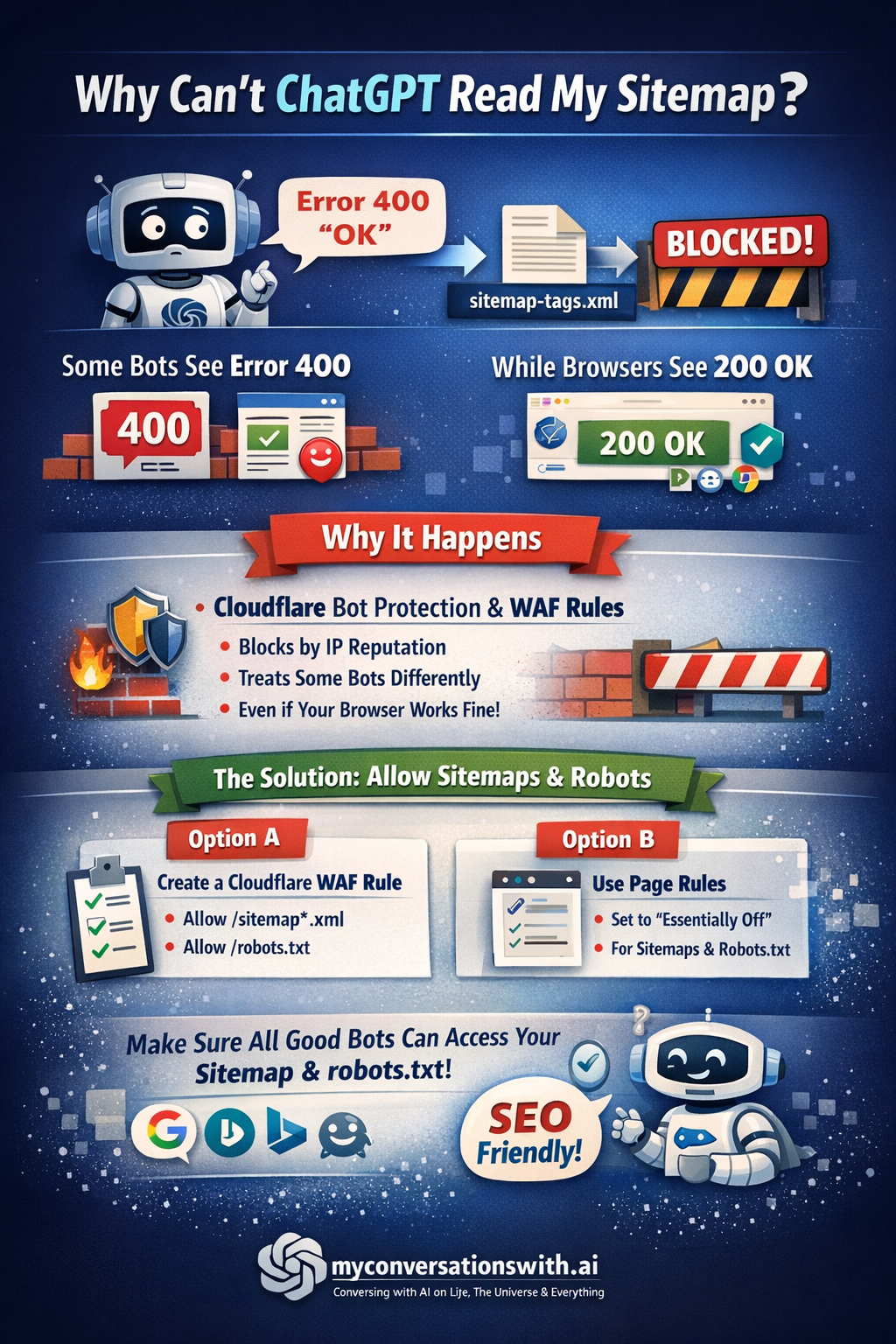 Why is ChatGPT getting a 400 error when it tries to view my sitemap.xml