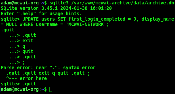 why cant i quit sqlite database command line im stuck with 3 dots .quit