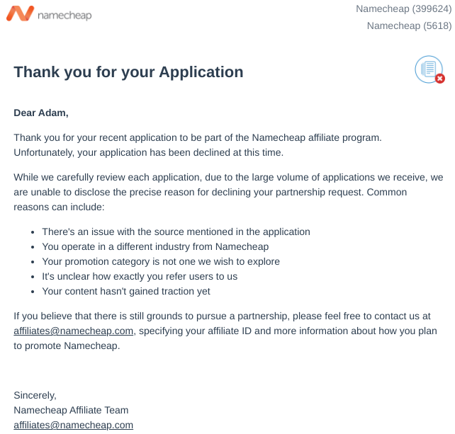 Namecheap declines affiliate application