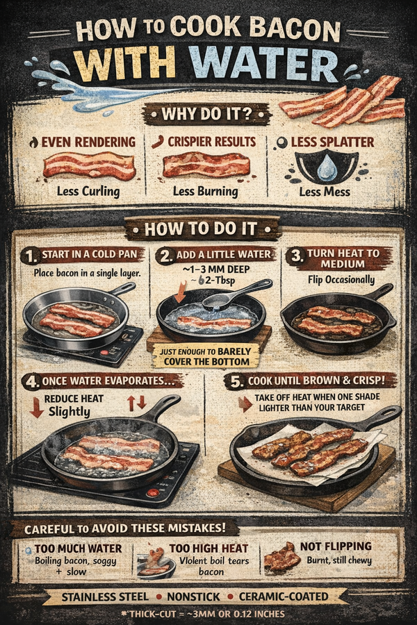 Cooking bacon in pan with water added