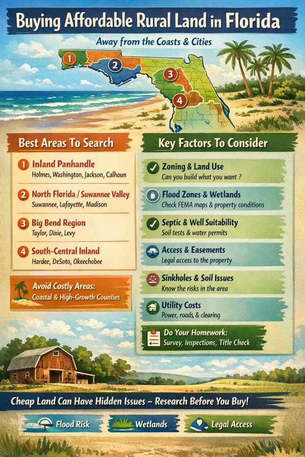 Where are the best places to find affordable rural land in Florida and what factors should be considered before purchasing?